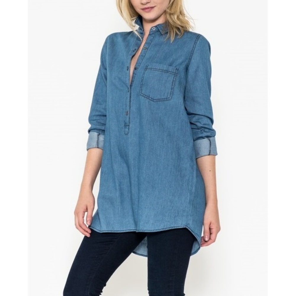 Denim Roll-up Sleeve Halfway button Down Shirt